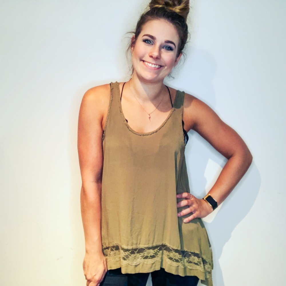Free People Olive Hi Low Lace Tank